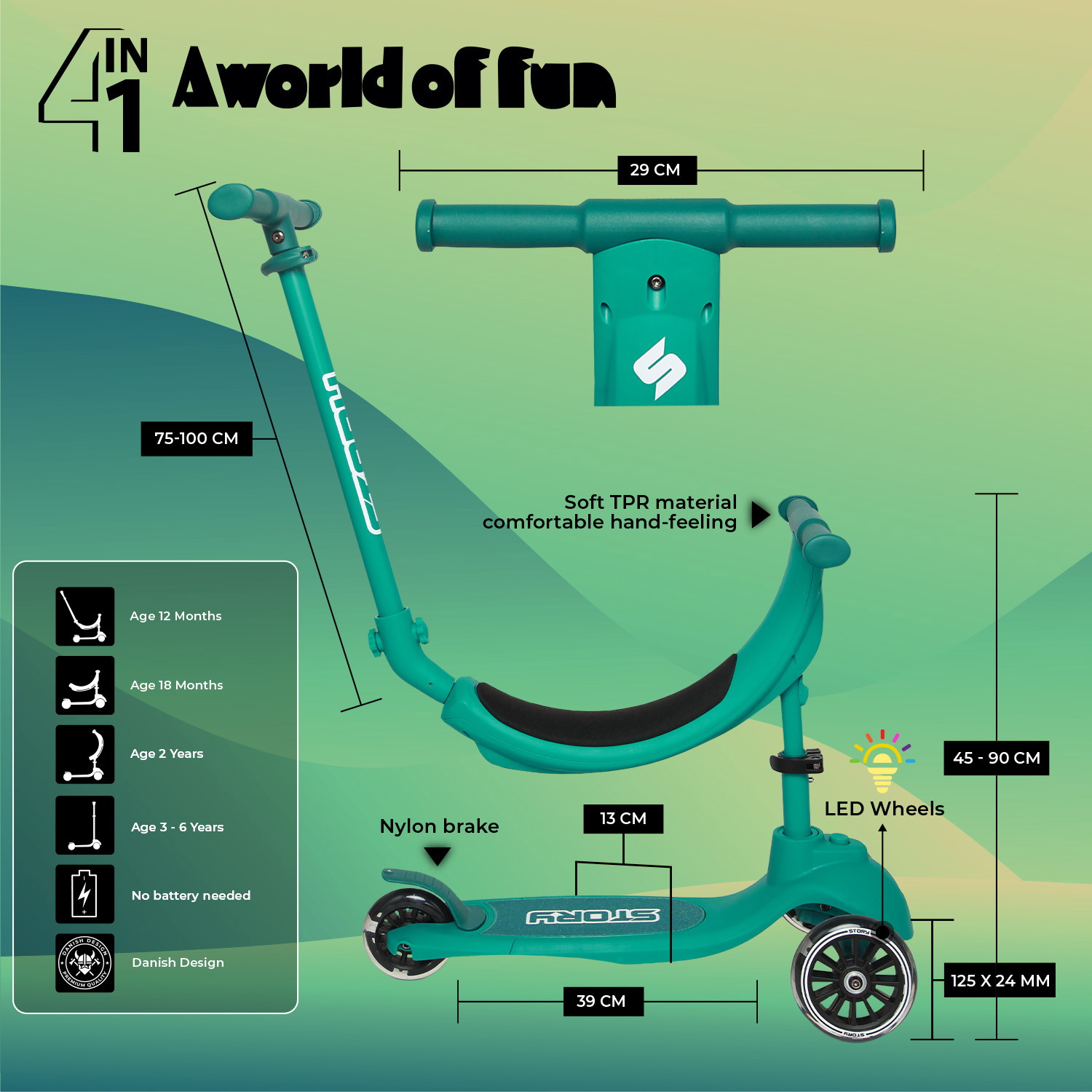 Story 4IN1 LED Trehjulig Sparkcykel för Barn