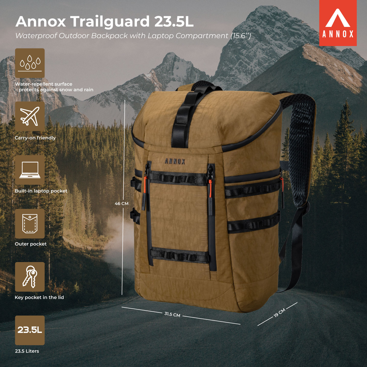 Annox Trailguard 23.5L – Vattentät Outdoor-Ryggsäck med Laptopfack (15,6”)