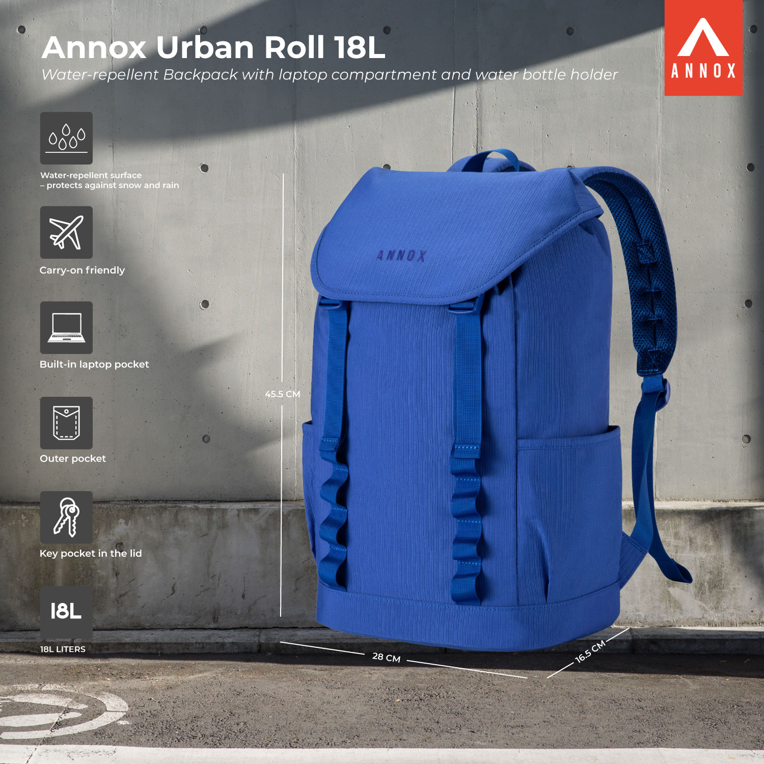 Annox Urban Roll 18L – Vattenavvisande Ryggsäck med Laptopfack och Flaskhållare