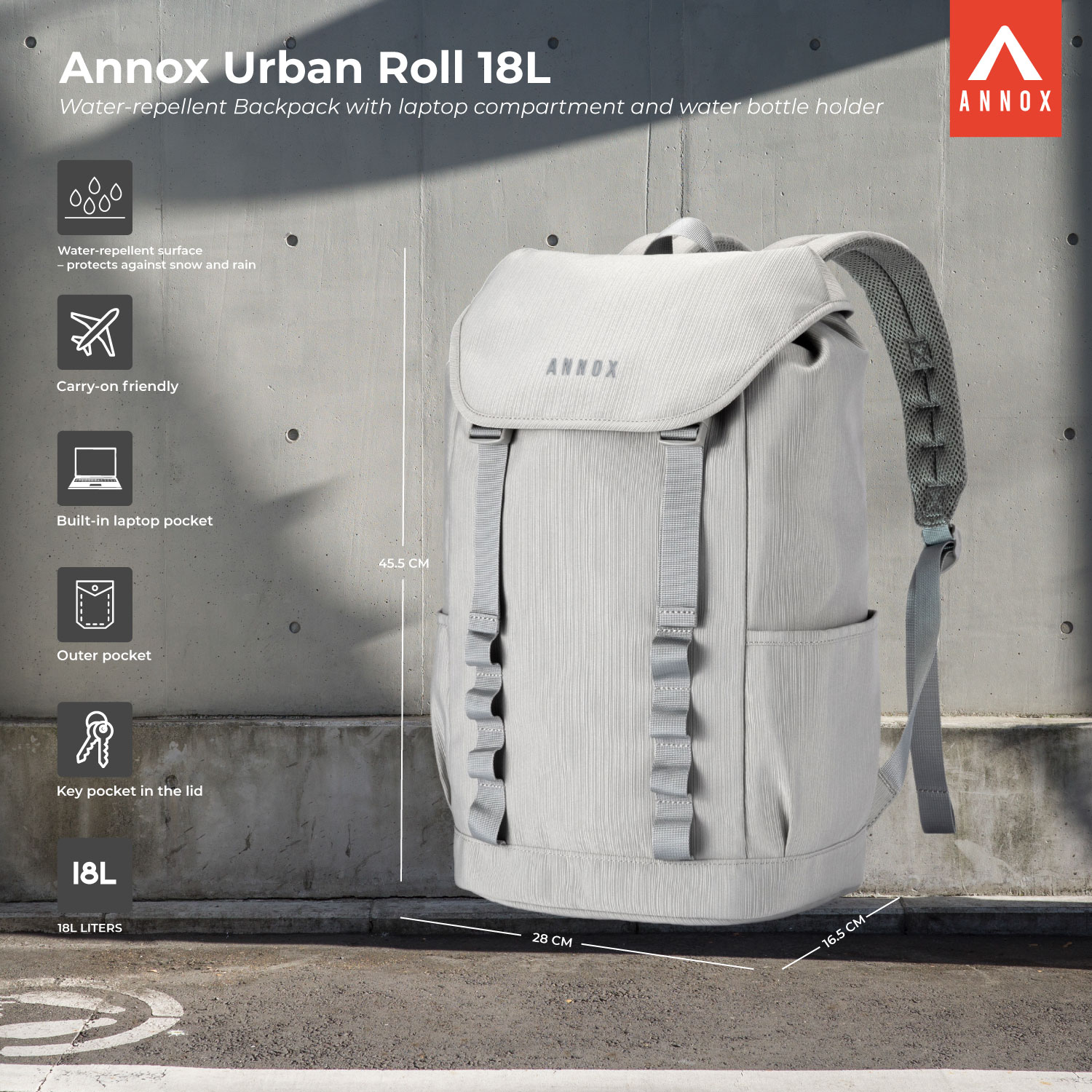 Annox Urban Roll 18L – Vattenavvisande Ryggsäck med Laptopfack och Flaskhållare